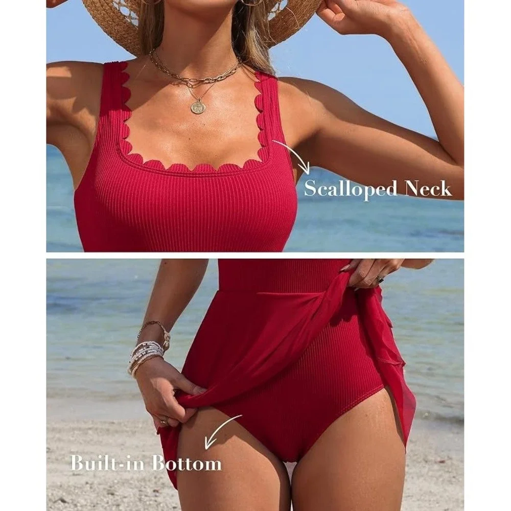 Charmo Women's 1pc Tummy Control Mesh Skirt Swimdress - Red - Medium